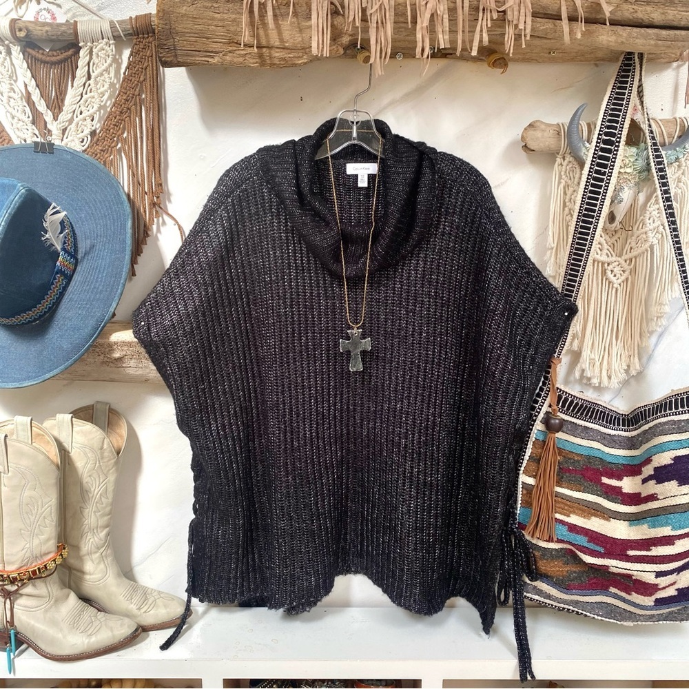 Calvin Klein Poncho boho cowl neck sweater w cottagecore vibe w silver sparkle